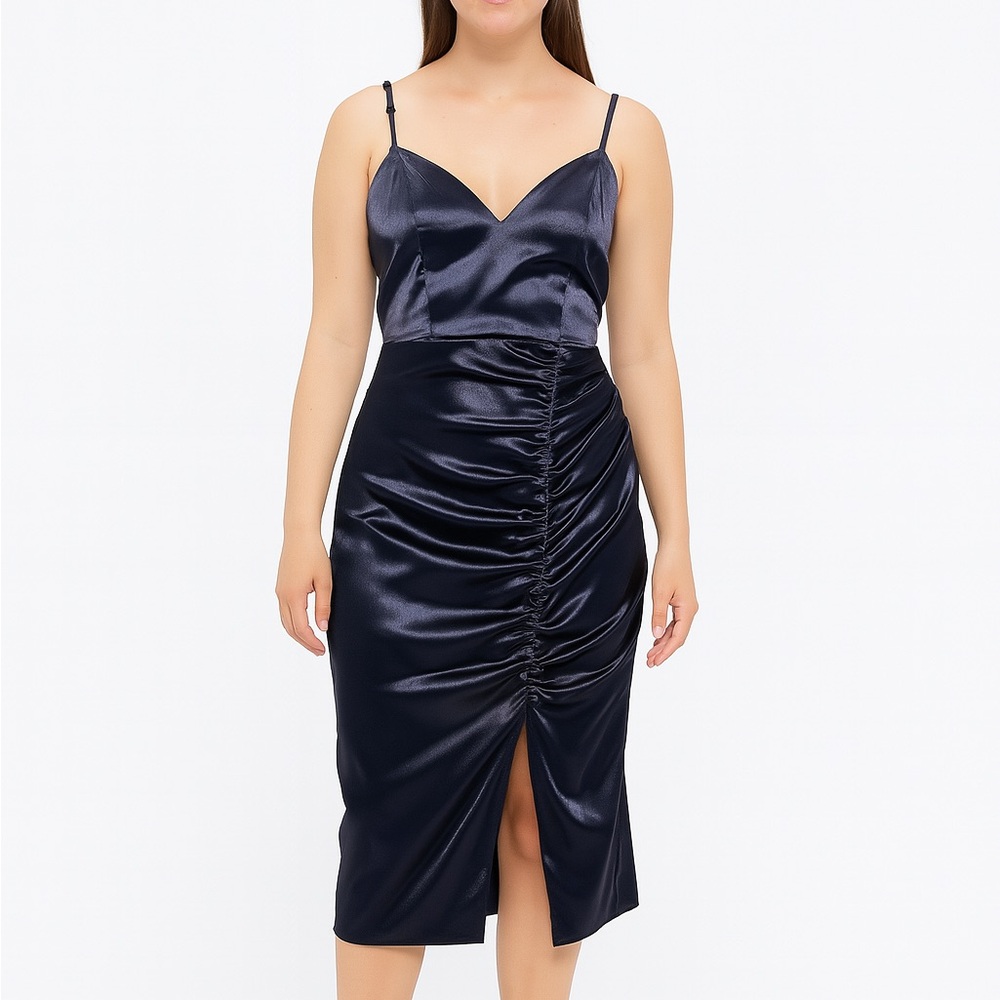 Honey and Rosie Navy Blue Ruched Spaghetti Strap Midi Dress